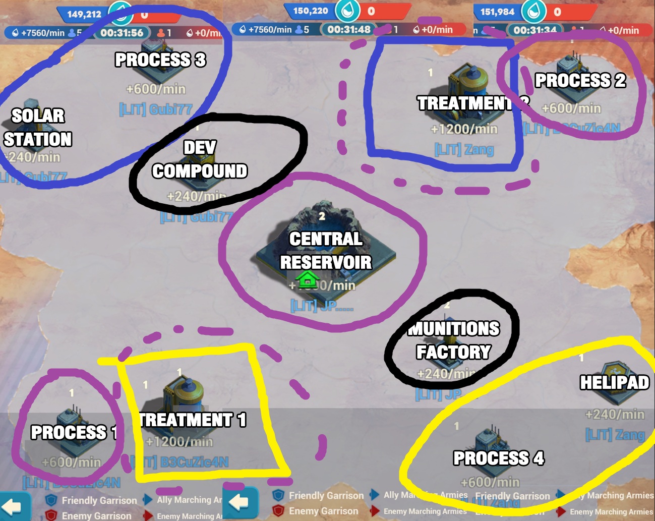 Reservoir Raid team zone map showing building locations and team assignments