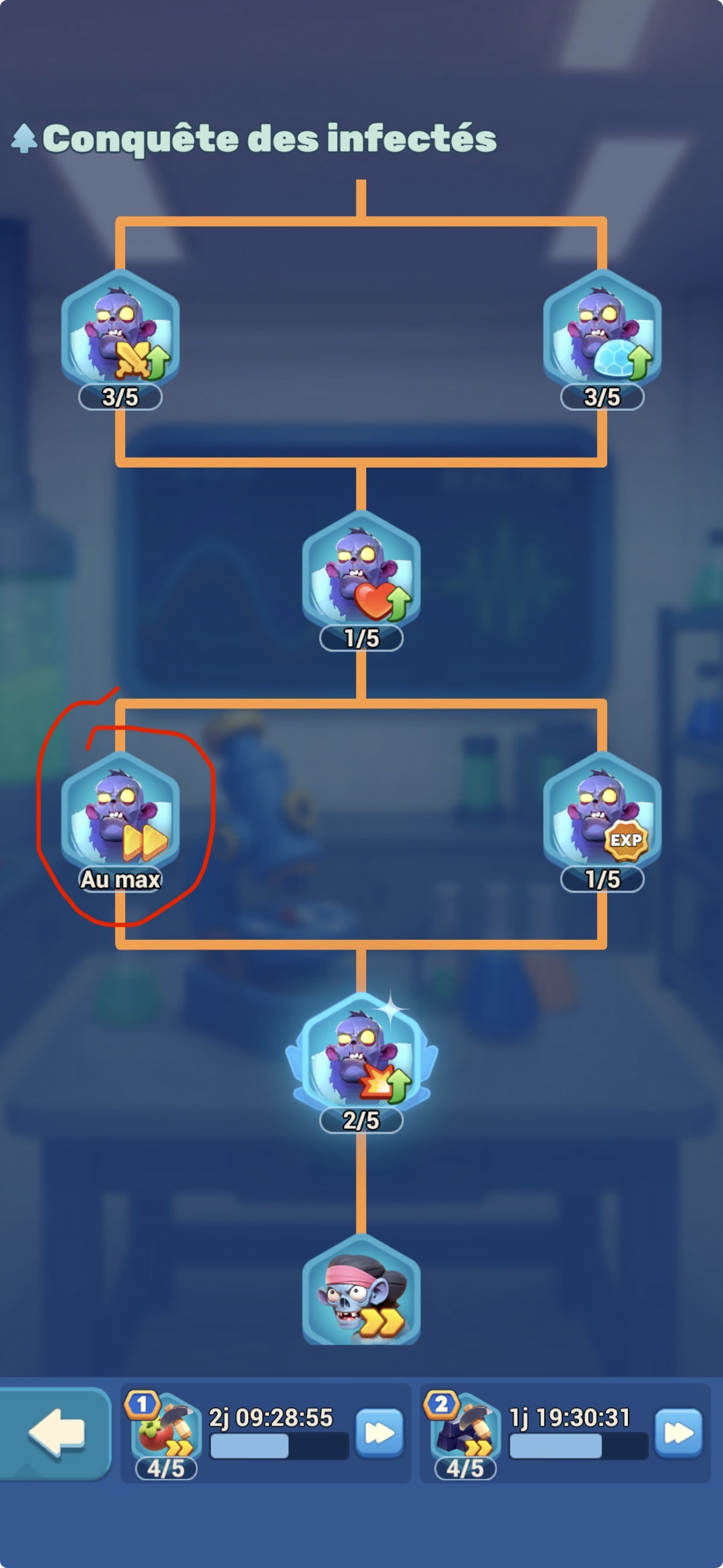 Infected Conquest research tree — max the circled skill to get free accelerators from Raid