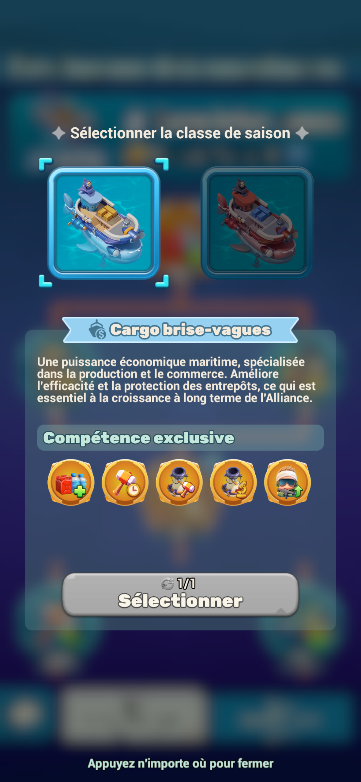 Ship class selection — pick the left boat (Wavebreaker Cargo)