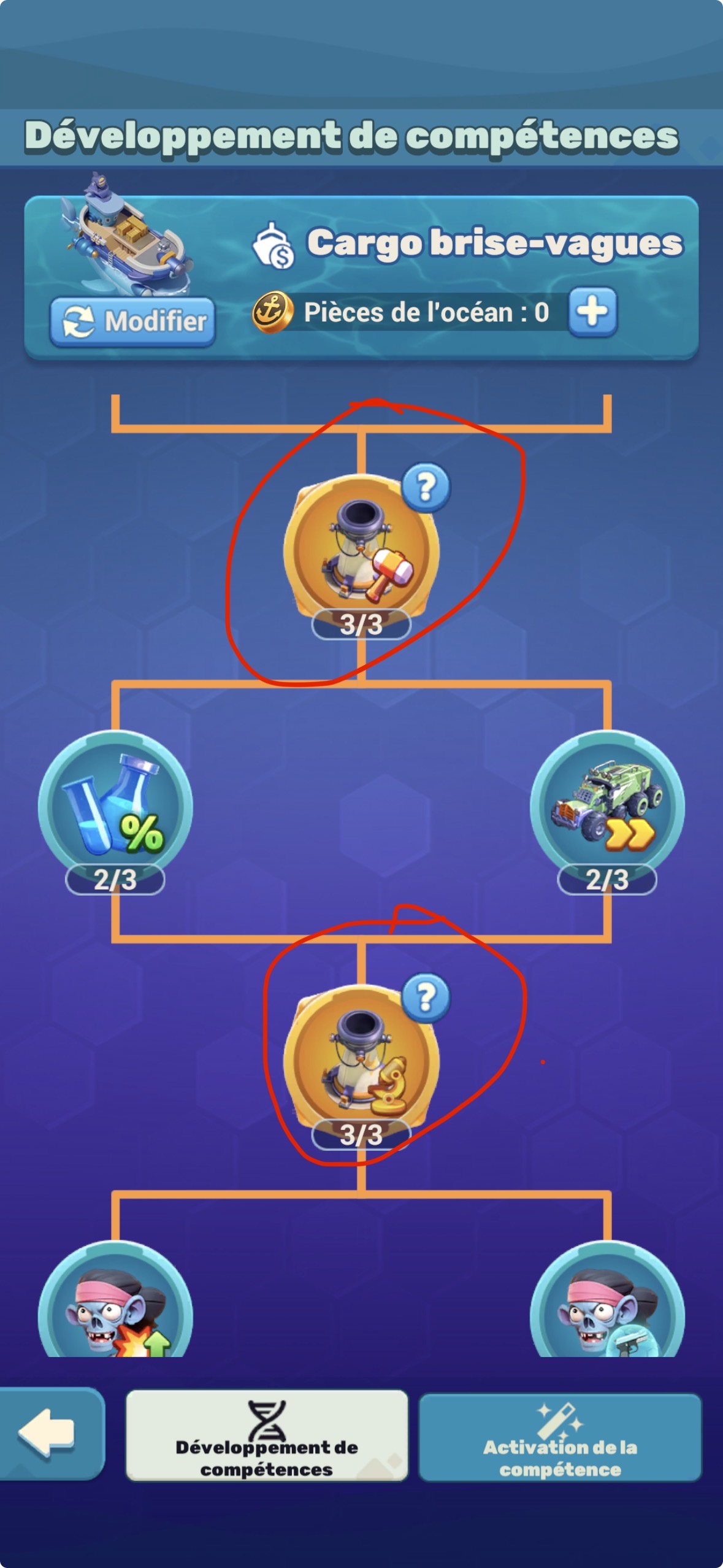 Boat skill tree — unlock both circled skills (Research Boost and Construction Boost)